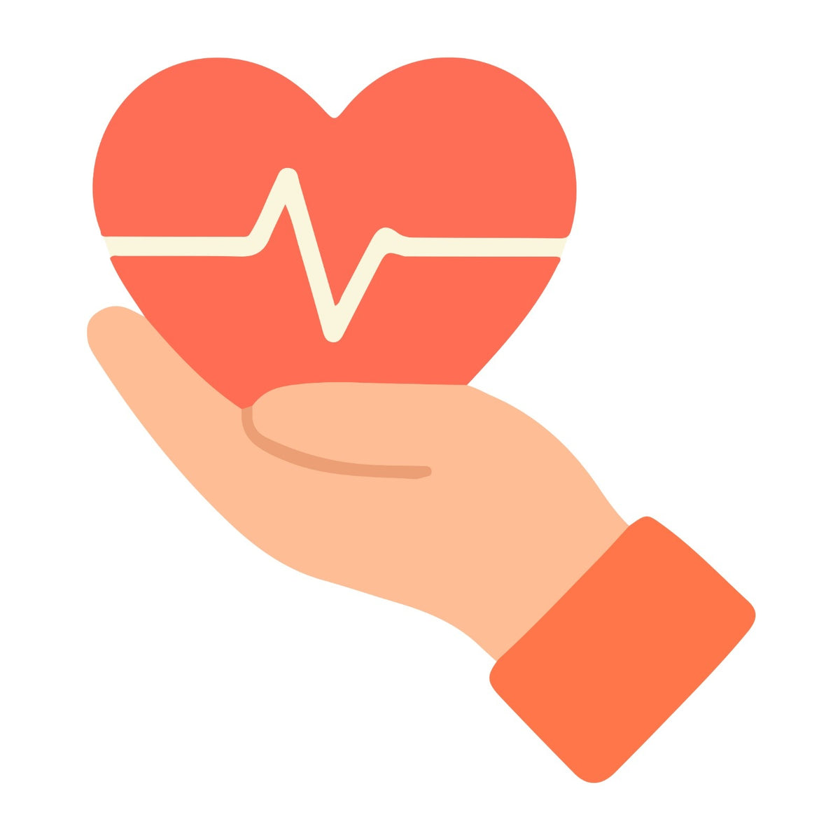 Illustration of a hand holding a heart with a pulse line on a white background