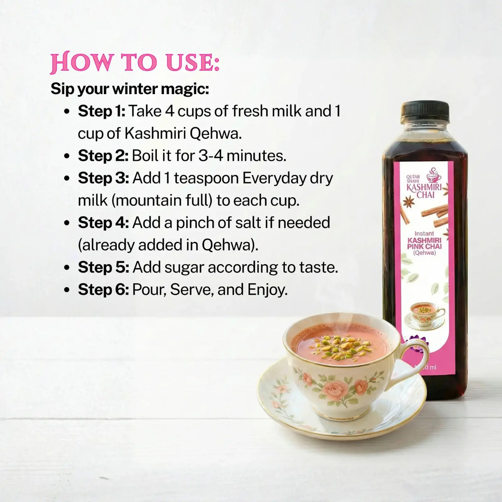 Kashmiri Qehwa bottle with tea cup and steps on how to use it