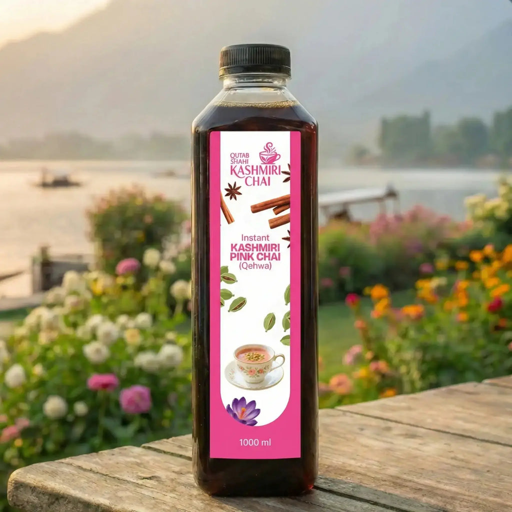 Bottle of Kashmiri Pink Chai with a scenic background